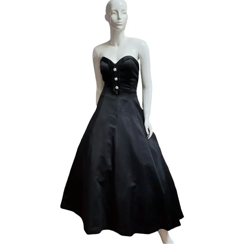 Dreamy Mid-Century Black Sweetheart Rhinestone Fit & Flare Satin Midi Ball Gown